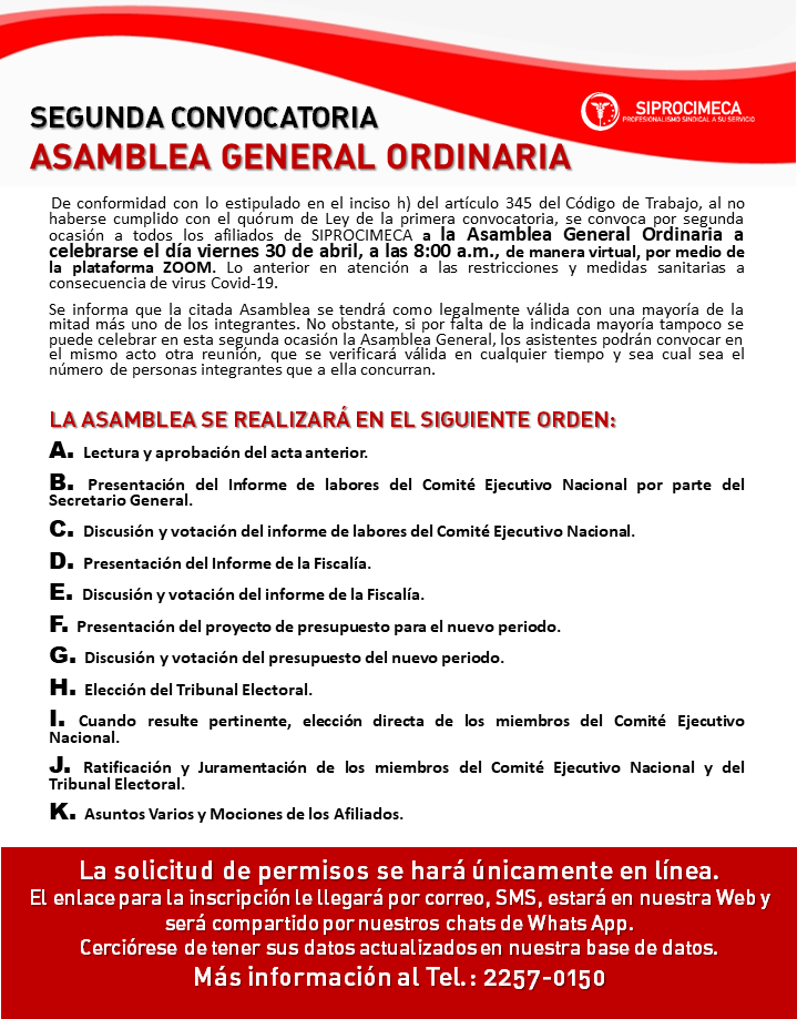 SEGUNDA CONVOCATORIA ASAMBLEA GENERAL ORDINARIA